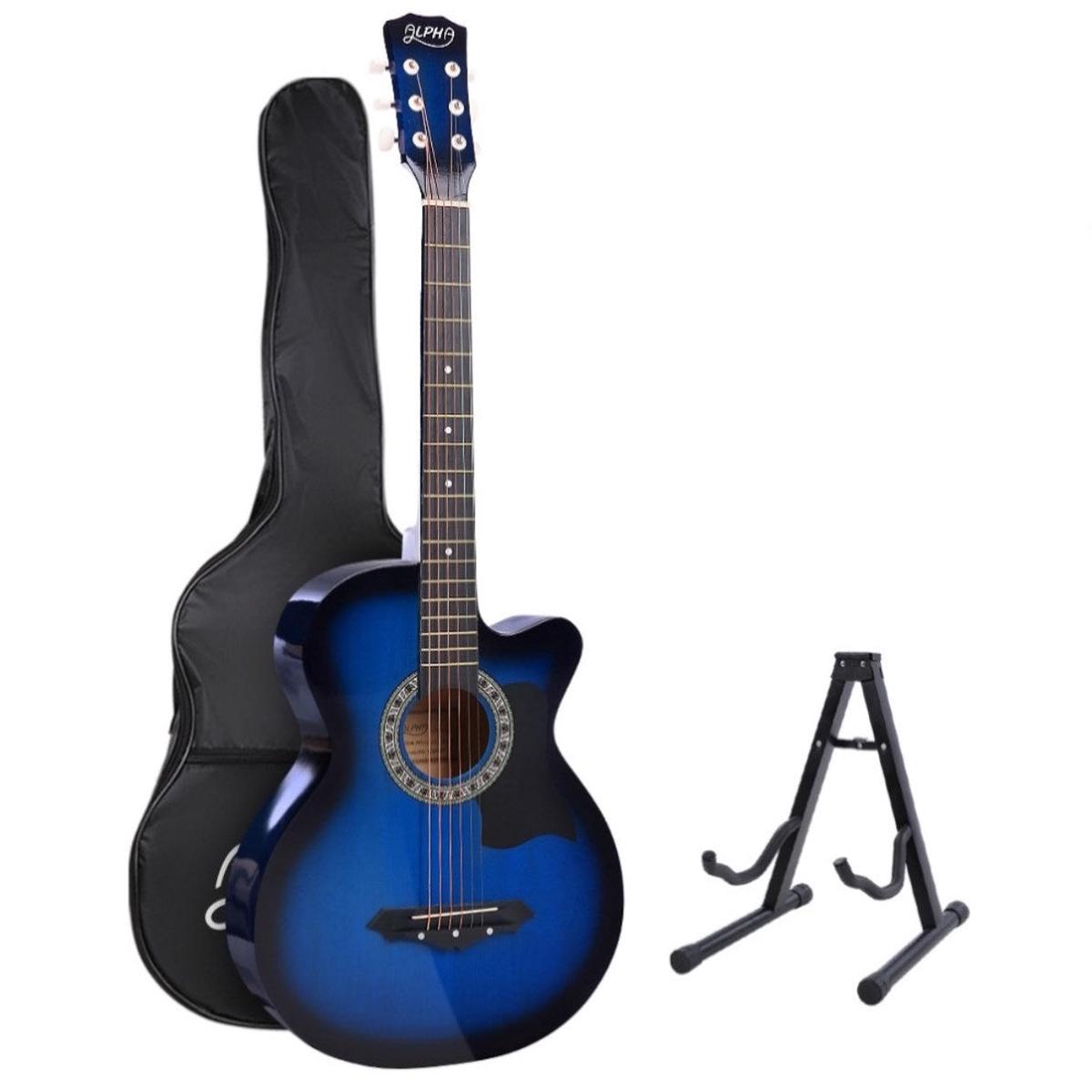 Alpha 38 Inch Acoustic Guitar Wooden Body Steel String Full Size w/ Stand Blue GUITAR-D-38-BLS-CAPO